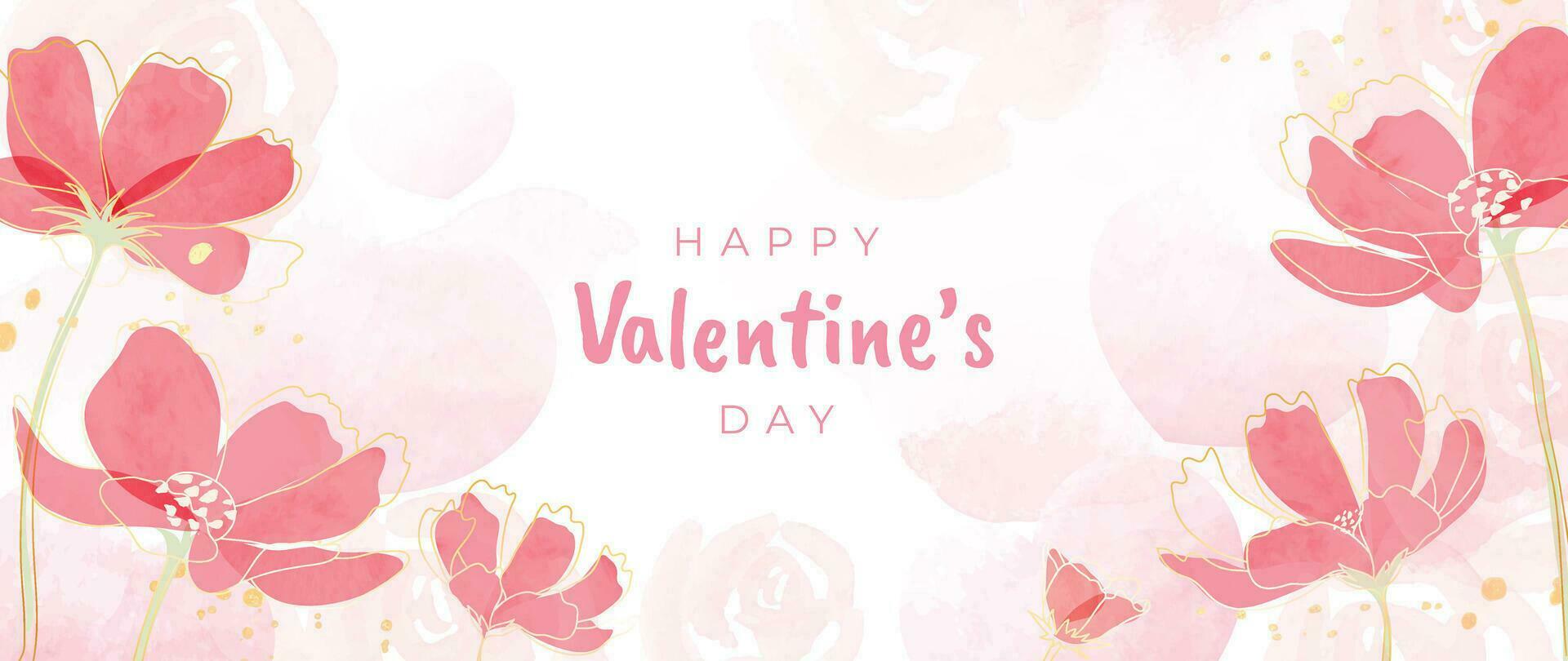 contento San Valentino giorno acquerello vettore sfondo. lusso fiore sfondo design con rosa, selvaggio fiore, oro linea, cuore. elegante botanico illustrazione adatto per saluto carta, Stampa, coperchio.