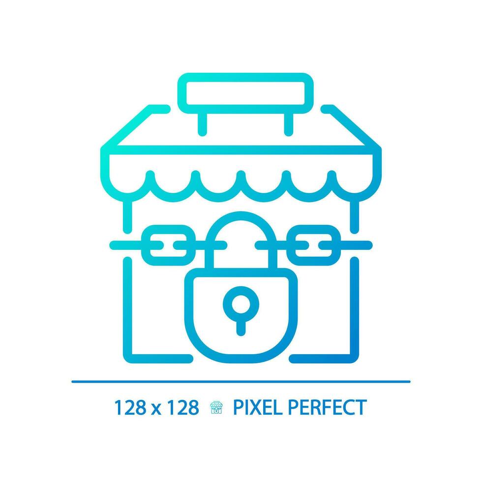 2d pixel Perfetto pendenza chiuso negozio icona, isolato vettore, magro linea blu illustrazione che rappresentano economico crisi. vettore