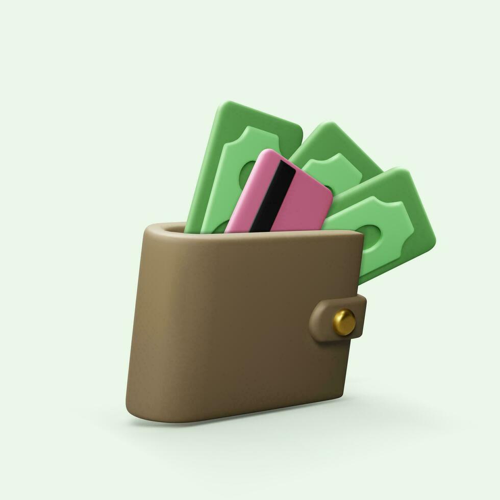 portafoglio con carta moneta e credito carta nel realistico cartone animato stile. 3d borsa con verde dollari per bandiera o manifesto. vettore illustrazione