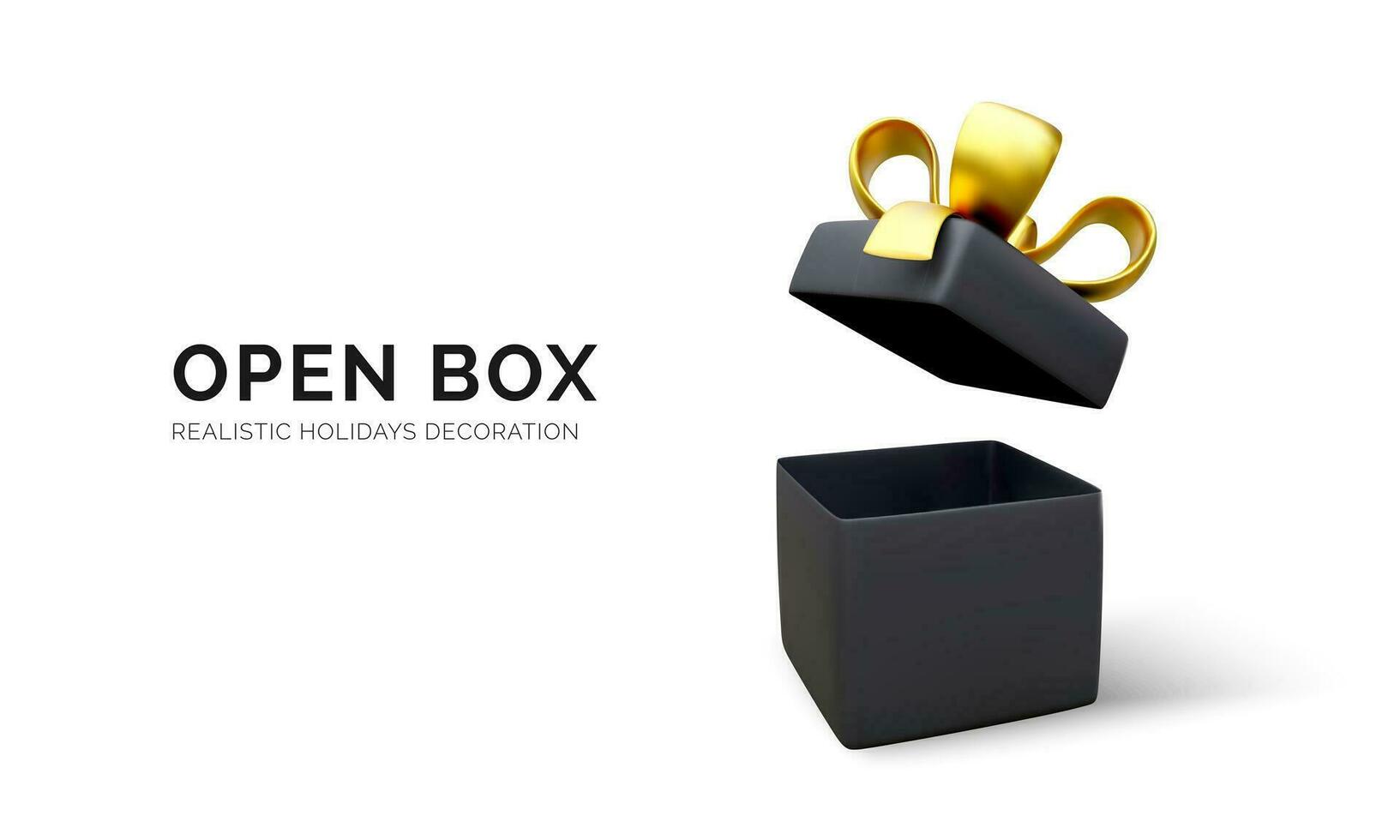 Aperto regalo scatola con oro nastro e arco. presente scatola decorazione design elemento. vacanza bandiera con nero scatola. vettore illustrazione