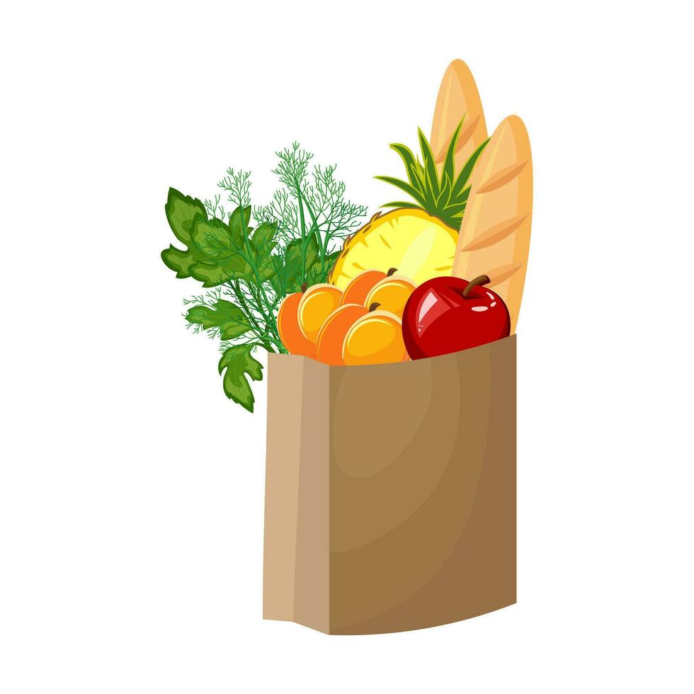 carta Borsa con frutta, verdure e baguette. salutare cibo concetto. illustrazione, vettore