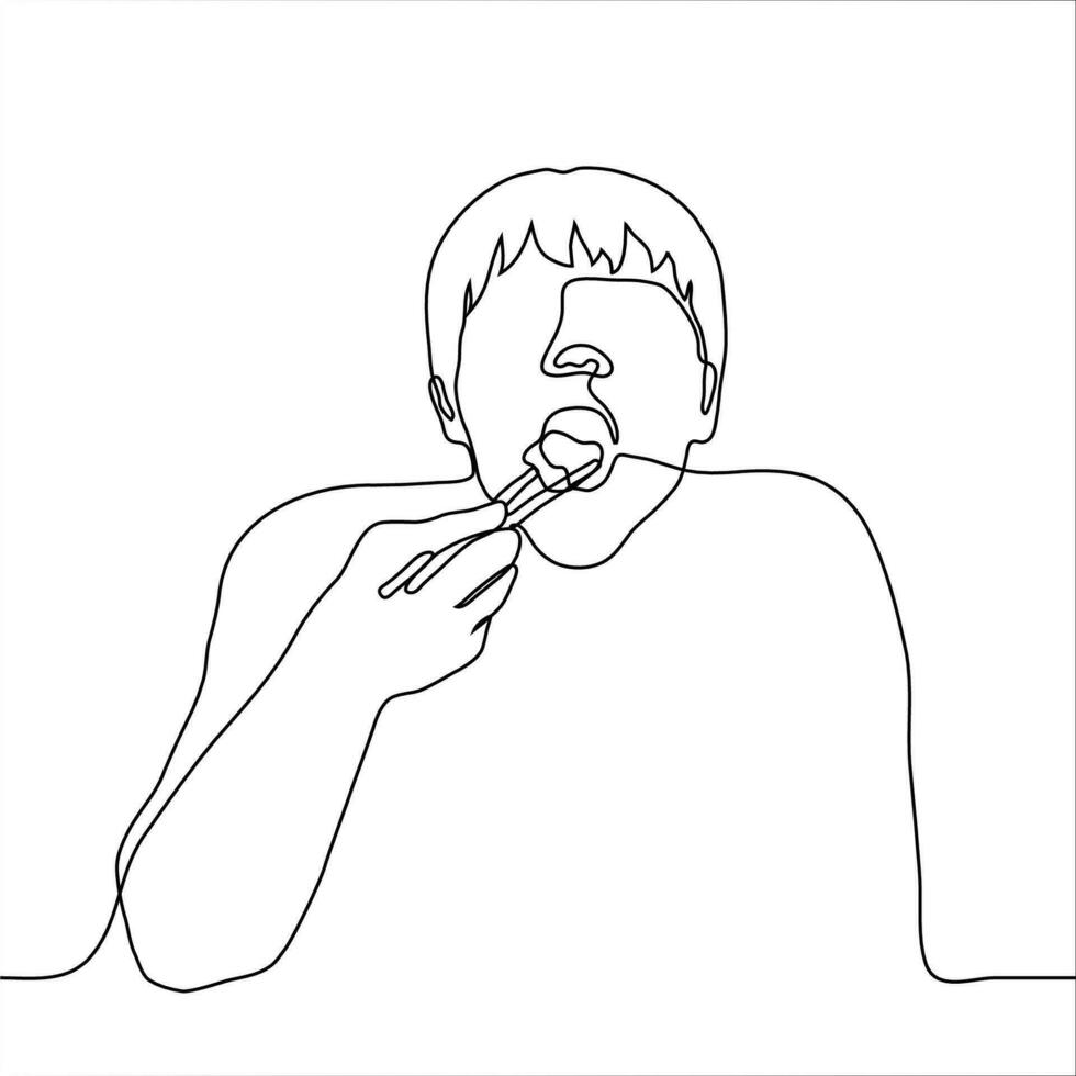 uomo mangiare con bacchette. uno linea disegno di un' uomo con il suo bocca largo Aperto mette un' grande pezzo di cibo nel il suo bocca utilizzando bastoncini vettore