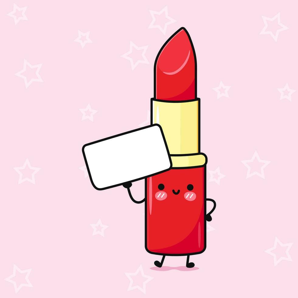 carino divertente rosso rossetto con manifesto. vettore mano disegnato cartone animato kawaii personaggio illustrazione icona. isolato su rosa sfondo. rosso rossetto pensare concetto