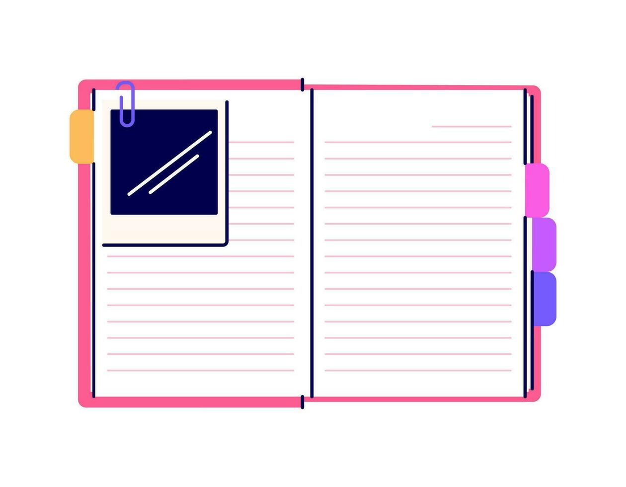 Aperto diario, vuoto taccuino. carino rosa bloc notes con adesivi, Appunti, fiori. superiore Visualizza di un' diario su il scrivania. cartella di lavoro per scuola, pianificatore, personale organizzatore. isolato piatto vettore illustrazione