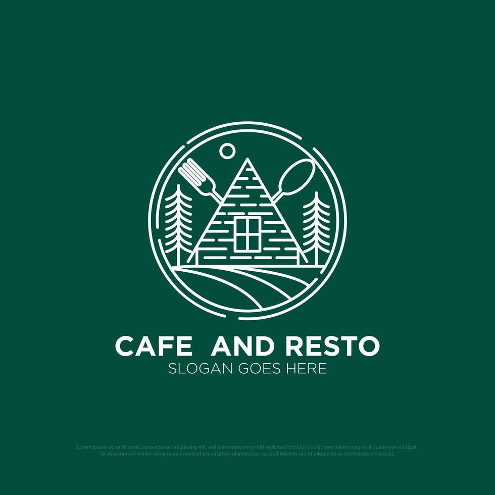 estetico bar e ristorante logo disegno, natura all'aperto cibo e bevande vettore illustrazione con linea arte