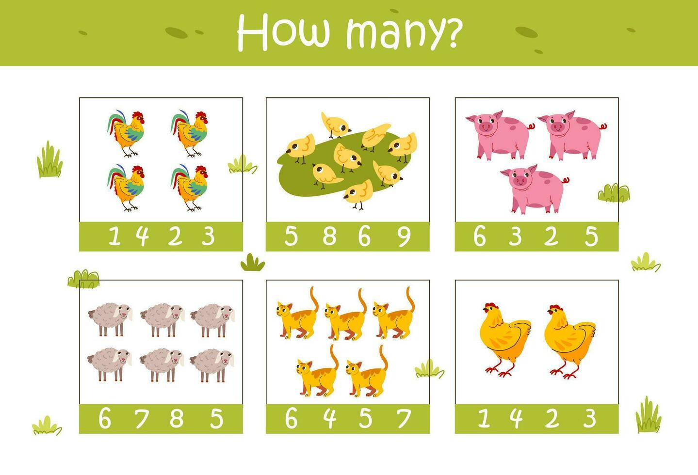 conteggio gioco per bambini. educativo un' matematico gioco. contare Come molti azienda agricola animali. piatto vettore illustrazione.