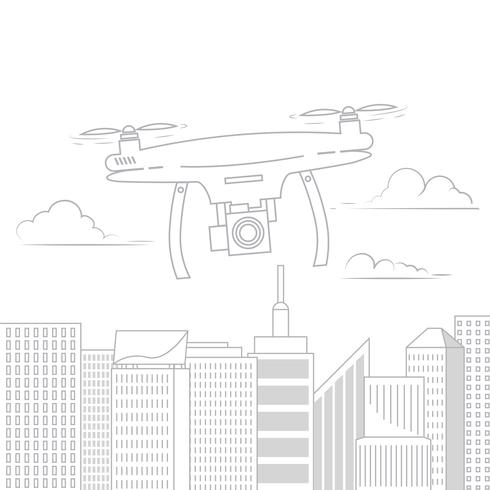 Drone volante con una macchina fotografica nel cielo tra le nuvole. Illustrazione vettoriale piana linea