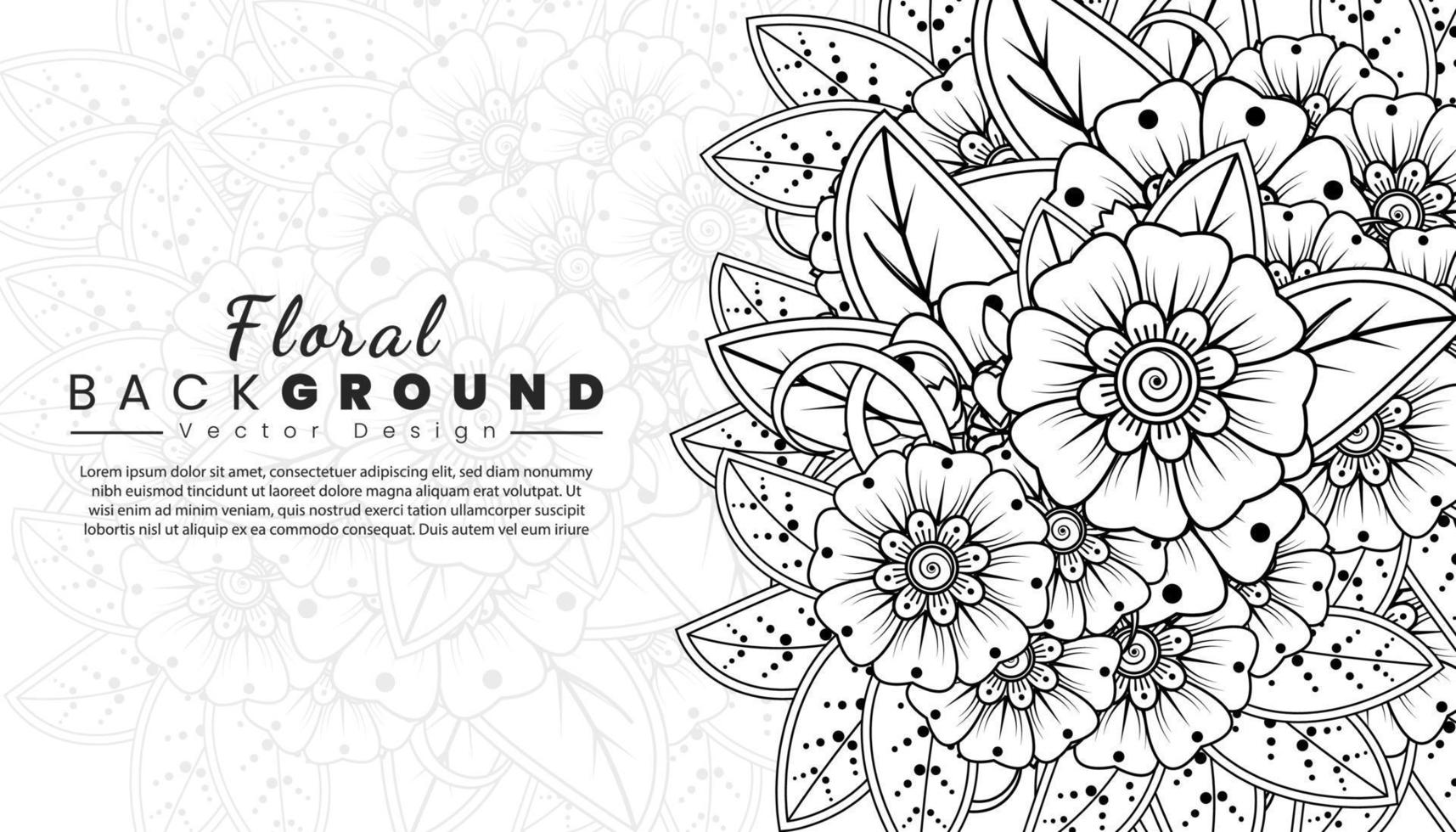 sfondo con fiori mehndi. linee nere su sfondo bianco. banner o modello di carta vettore