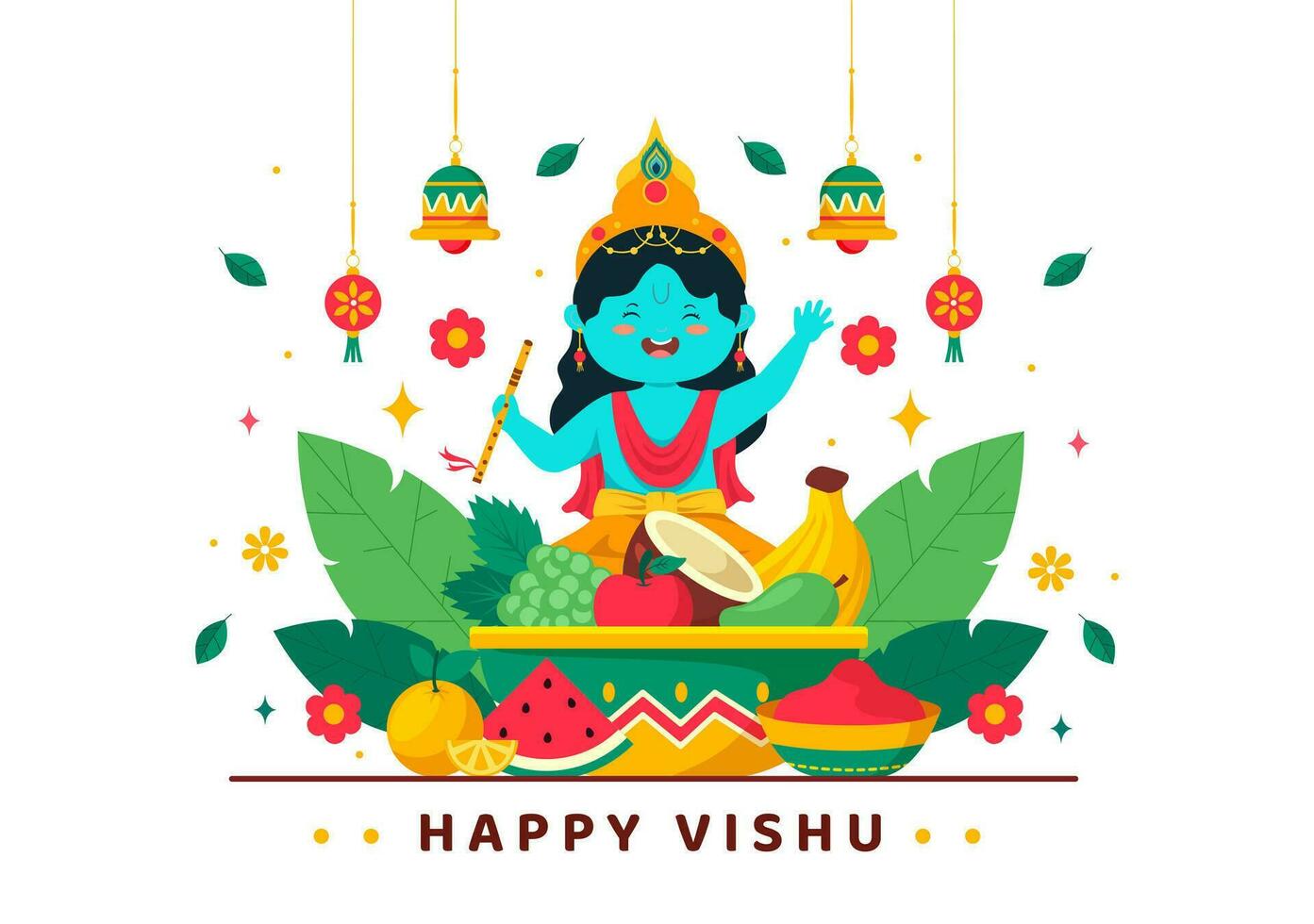 contento vishu Festival vettore illustrazione con Krishna, tradizionale kerala Kani, frutta e verdure nel nazionale vacanza piatto cartone animato sfondo