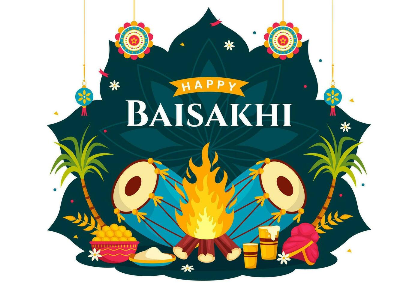 contento Baisakhi vettore illustrazione di vaisakhi punjabi primavera raccogliere Festival di sikh celebrazione con tamburo e aquilone nel vacanza cartone animato sfondo