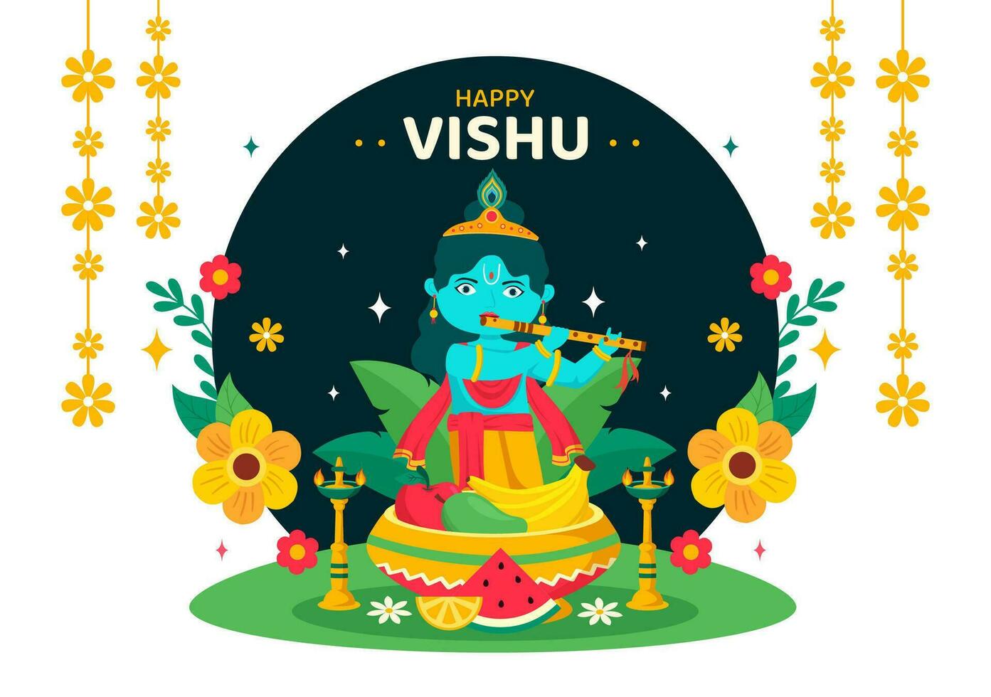 contento vishu Festival vettore illustrazione con Krishna, tradizionale kerala Kani, frutta e verdure nel nazionale vacanza piatto cartone animato sfondo