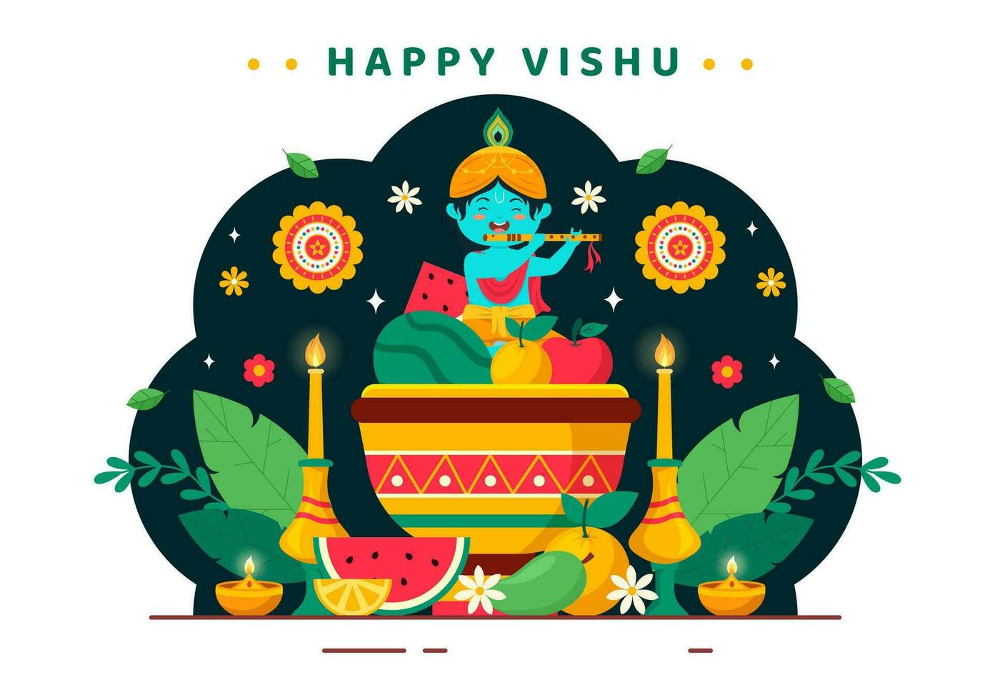 contento vishu Festival vettore illustrazione con Krishna, tradizionale kerala Kani, frutta e verdure nel nazionale vacanza piatto cartone animato sfondo