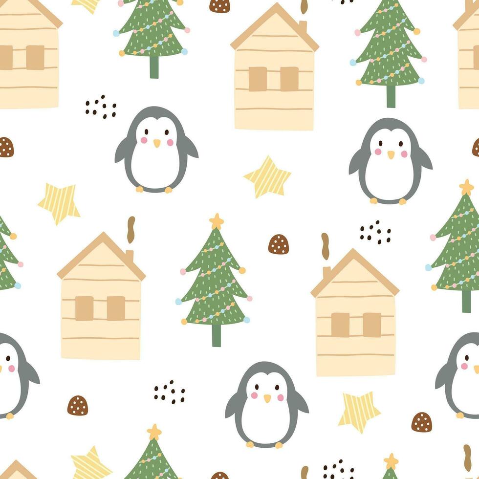 asilo senza soluzione di continuità modello con carino personaggi. pinguino e Casa mano disegnato nel cartone animato stile design per neonato abbigliamento, tessile e sfondo vettore