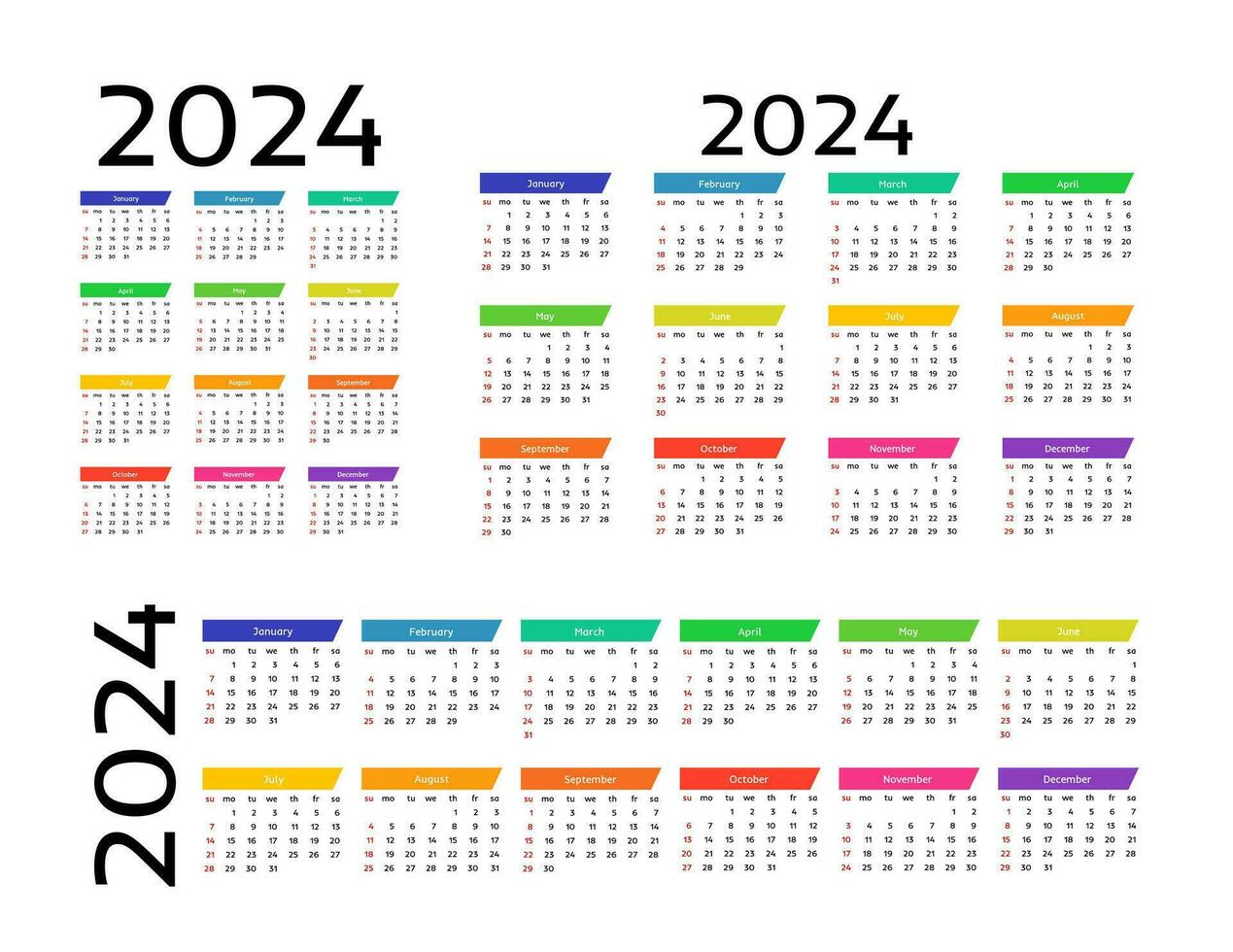 impostato di tre calendari per 2024 nel diverso le forme isolato su un' bianca sfondo. Domenica per lunedì, attività commerciale modello. vettore illustrazione
