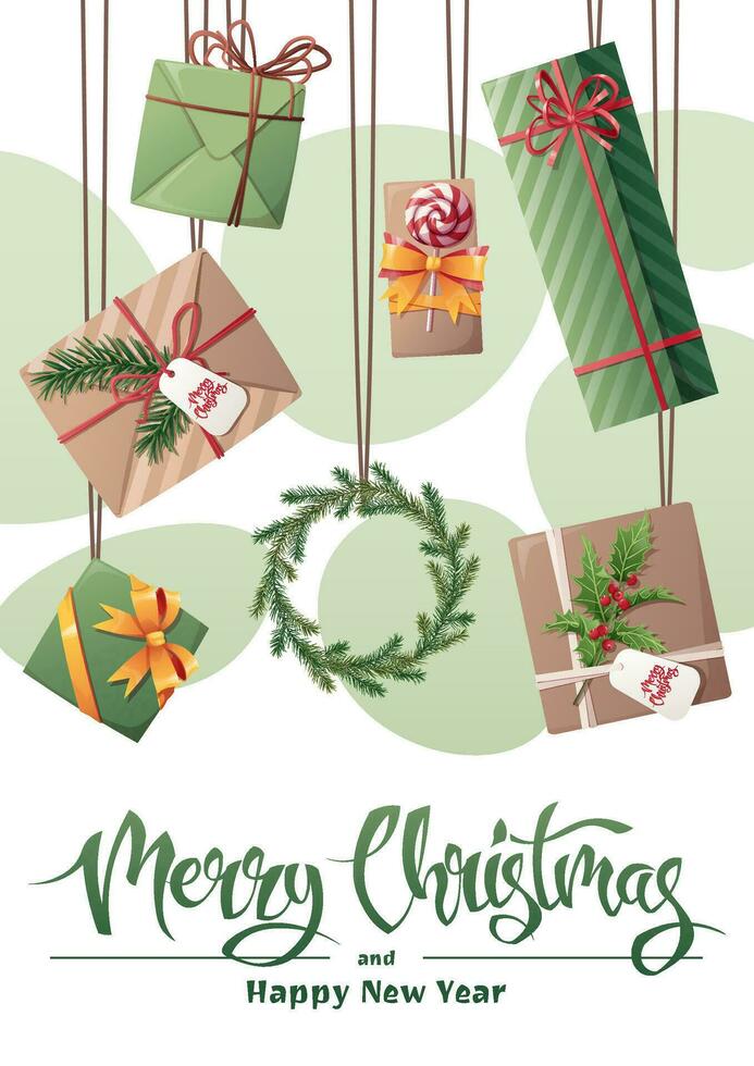 Natale carta modello design. volantino, manifesto con regalo scatole, ghirlanda nel retrò stile. allegro Natale e contento nuovo anno vettore