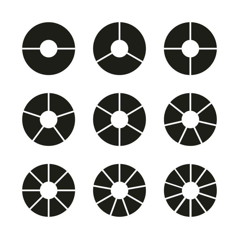 cerchi divisione su 2, 3, 4, 5, 6, 7, 8, 9, 10 pari parti. ruota diviso diagrammi con Due, tre, quattro, cinque, sei, Sette, otto, nove, dieci segmenti. impostato di infografica modello. istruire vuoto. eps vettore