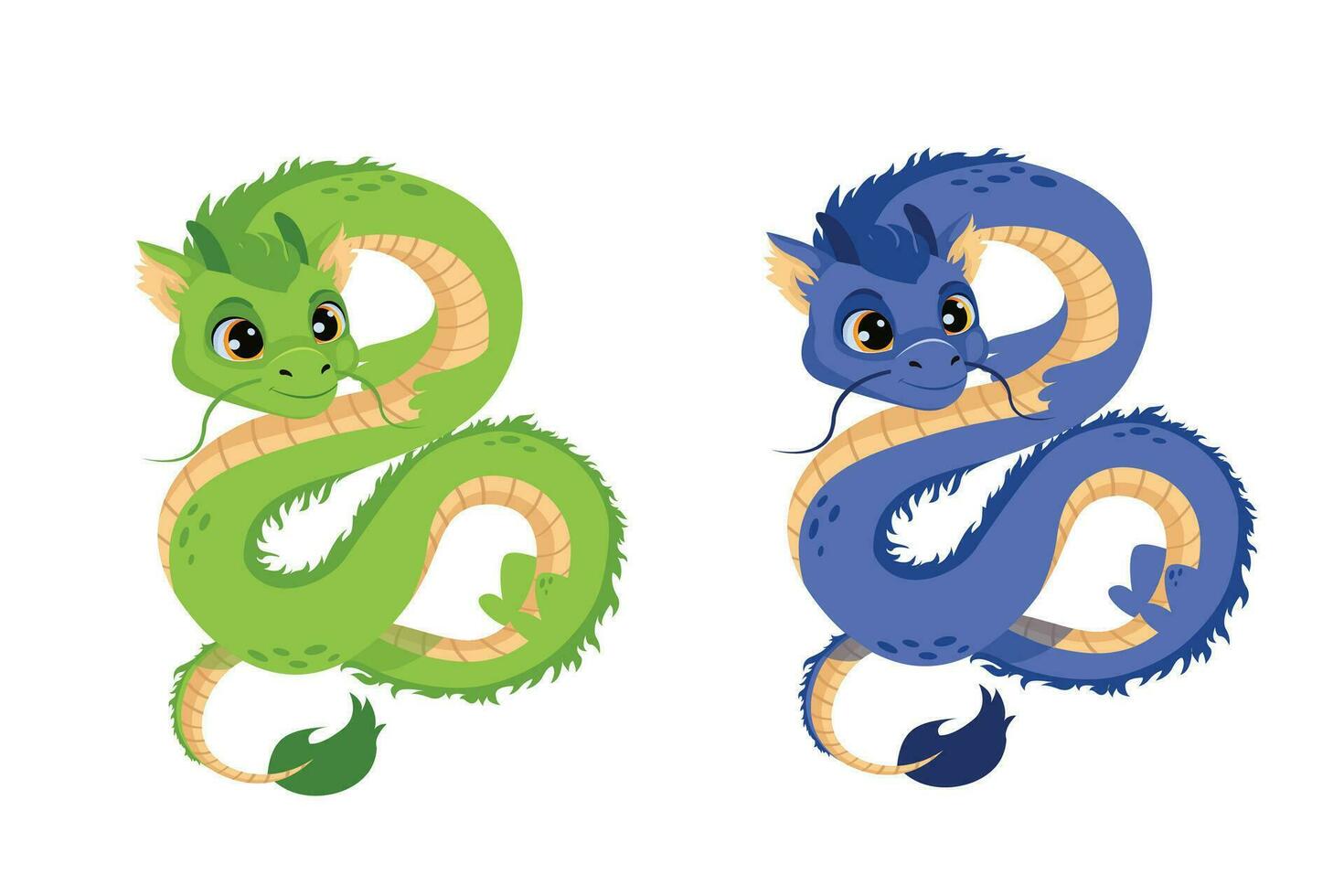 et di Cinese draghi isolato su bianca sfondo. verde e blu siamo un' tradizionale asiatico mitologico simbolo. oroscopo cartello. vettore illustrazione nel cartone animato stile.