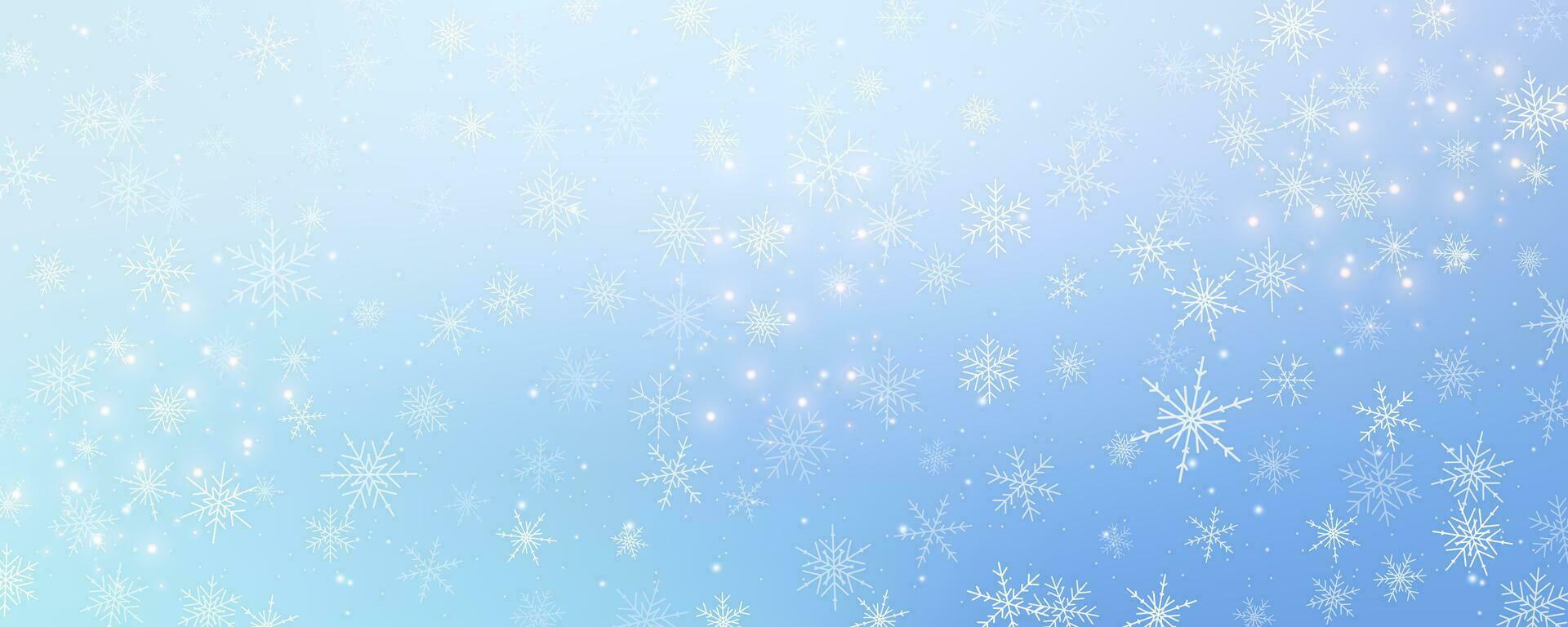Natale nevoso sfondo. freddo bianca blu inverno cielo. vettore ghiaccio bufera di neve su pendenza struttura con fiocchi. festivo nuovo anno tema per stagione vendita sfondo.