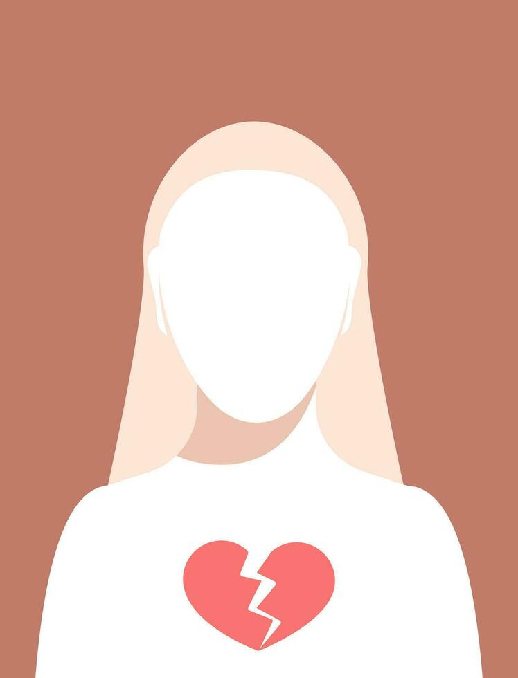 donna senza volto silhouette con rotto cuore dentro il il petto. davanti Visualizza senza volto femmina persona. solitudine concetto. vettore