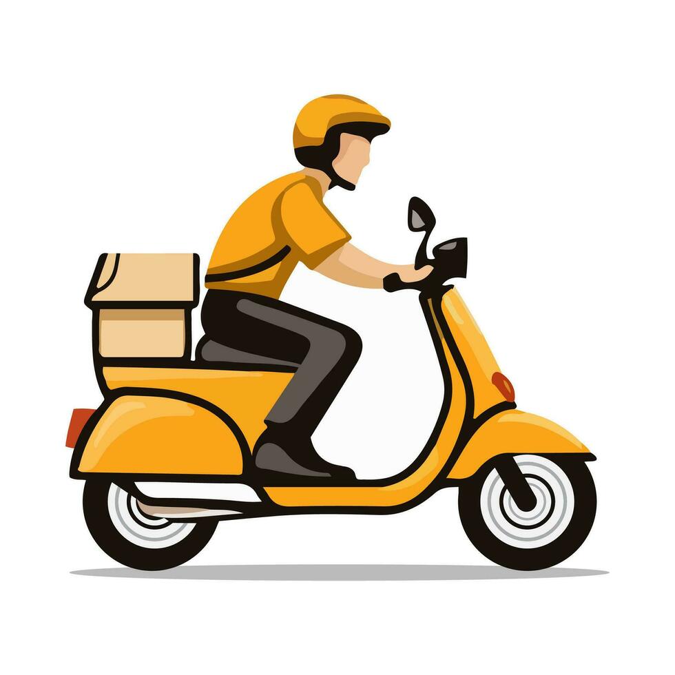 consegna uomo equitazione un' giallo scooter isolato su bianca sfondo. cibo consegna uomo. cartone animato stile. vettore illustrazione.