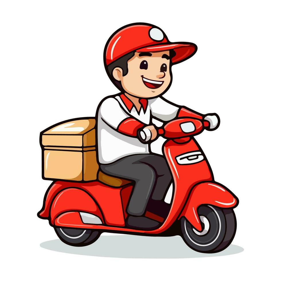 consegna uomo equitazione un' rosso scooter. cartone animato illustrazione. vettore illustrazione isolato su bianca sfondo.
