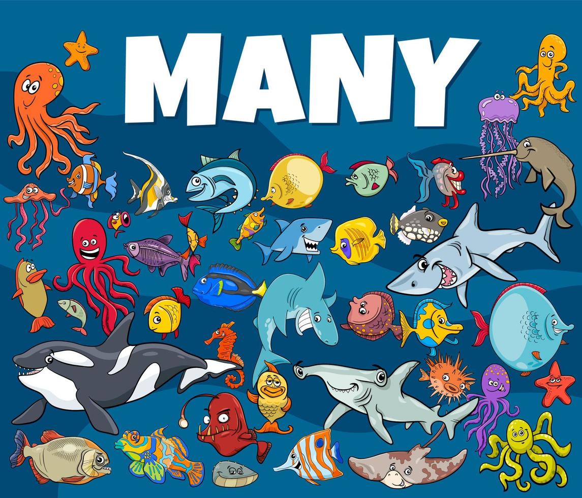 molti animali della vita marina gruppo di personaggi dei cartoni animati vettore
