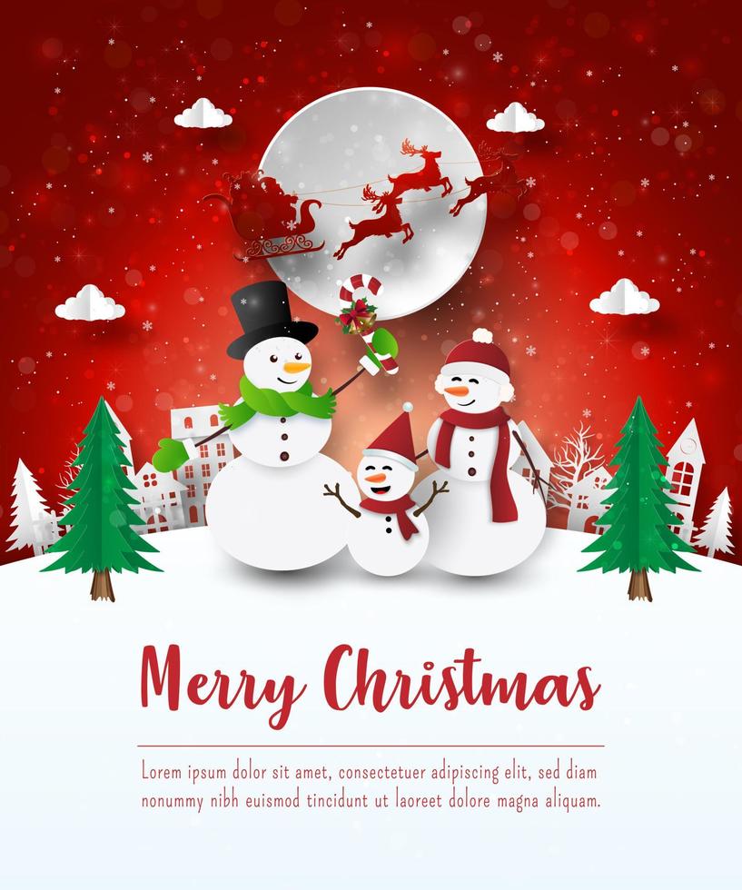 buon natale e felice anno nuovo, cartolina natalizia del pupazzo di neve nel villaggio, stile paper art vettore