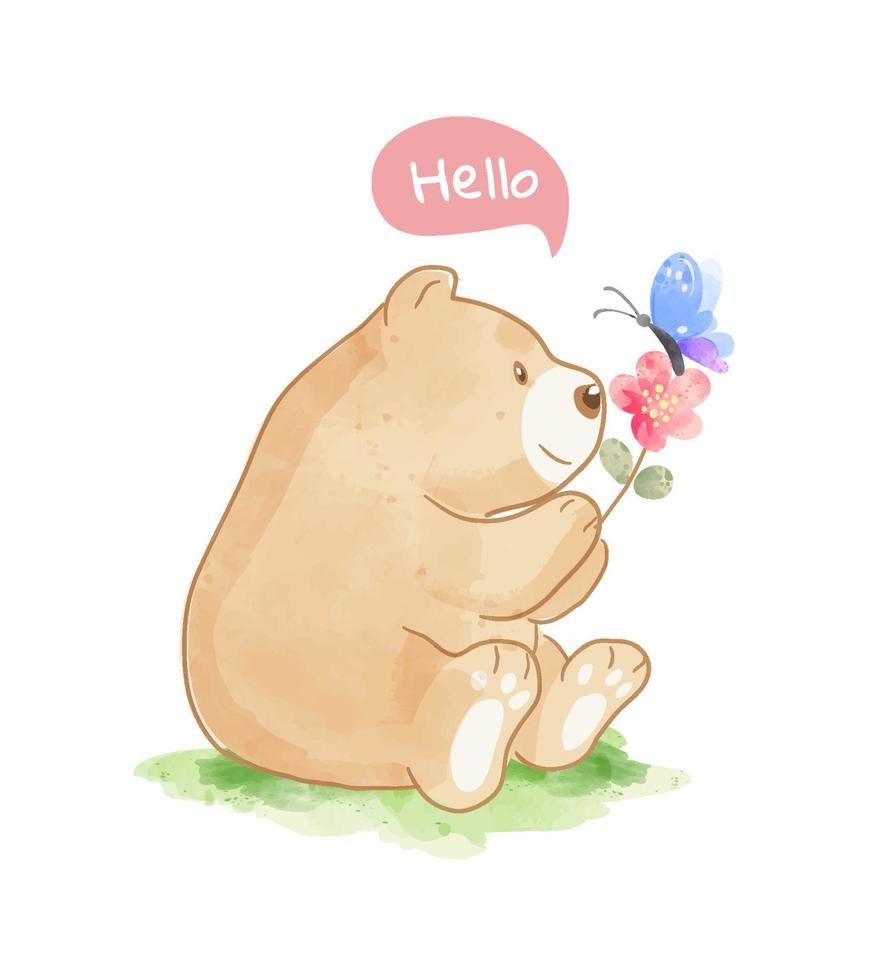 grande orso che tiene in mano un fiore e una farfalla illustrazione vettore