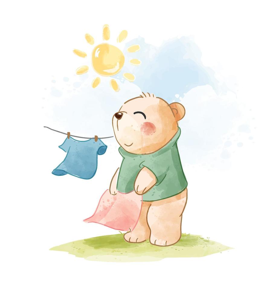 cartone animato orso appeso panno nell'illustrazione del giorno del tramonto vettore