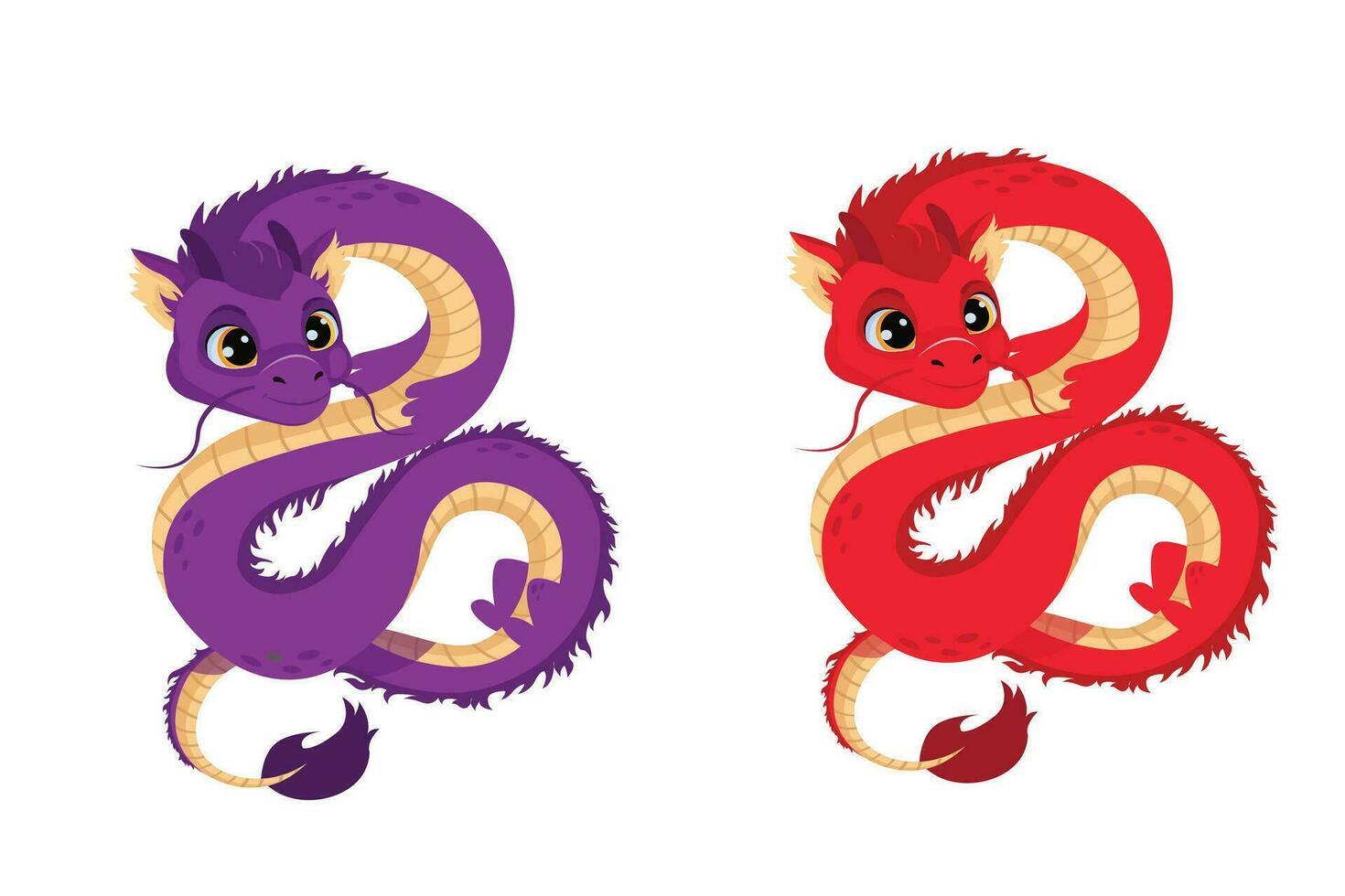 impostato di Cinese draghi isolato su bianca sfondo. rosso e viola siamo un' tradizionale asiatico mitologico simbolo. oroscopo cartello. vettore illustrazione nel cartone animato stile.