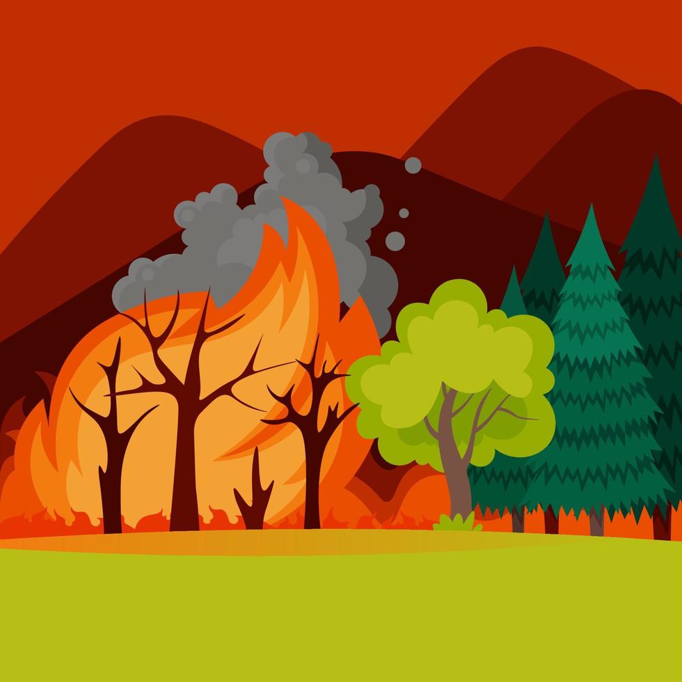fuoco nella foresta. incendio boschivo. illustrazione vettoriale di paesaggio bruciato, disastro naturale, catastrofe ecologica in stile piatto