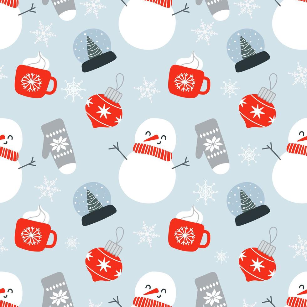motivo natalizio senza cuciture con simpatico pupazzo di neve, globo di neve, guanti, giocattolo di Natale, tazza da caffè e fiocchi di neve. illustrazione vettoriale in stile infantile scandinavo disegnato a mano
