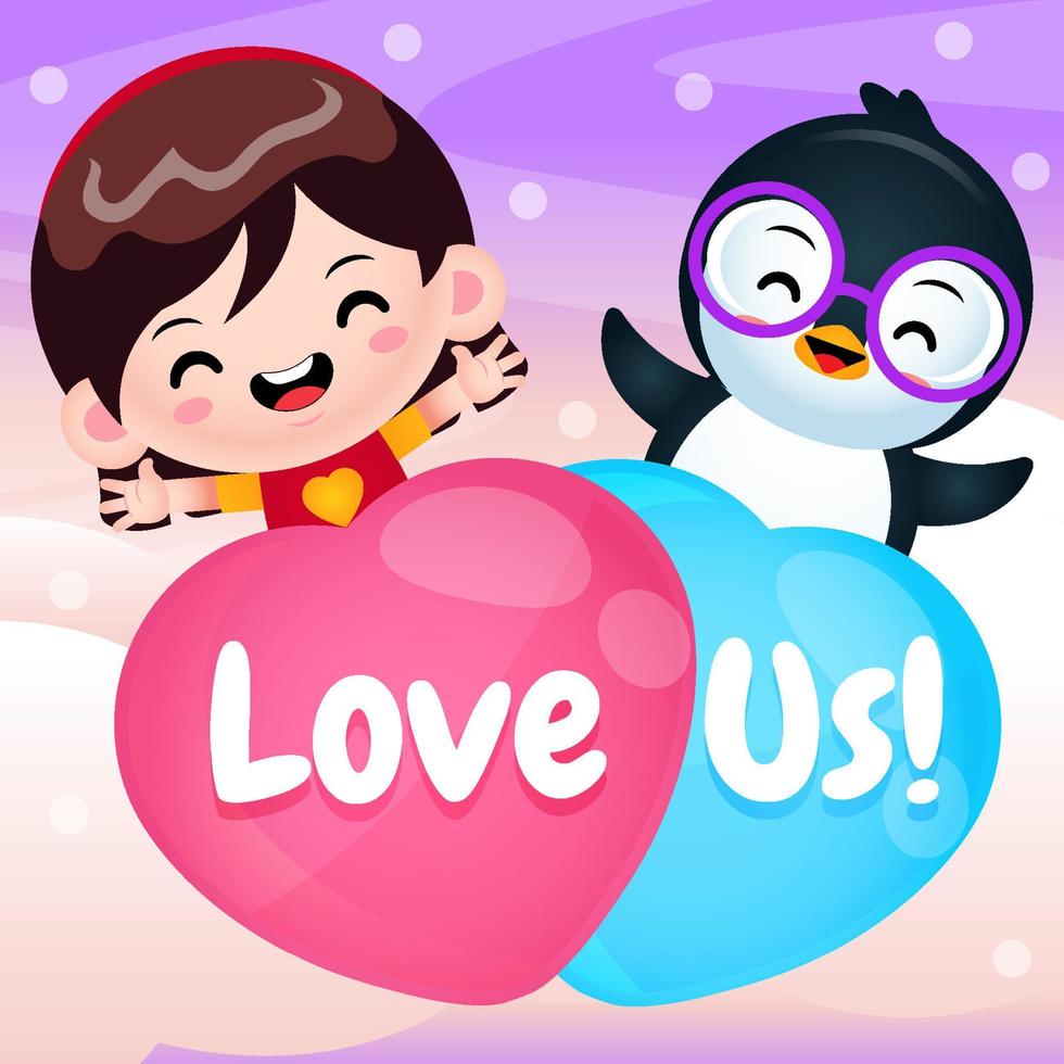 cartone animato ragazza carina e pinguino che volano con un palloncino d'amore vettore