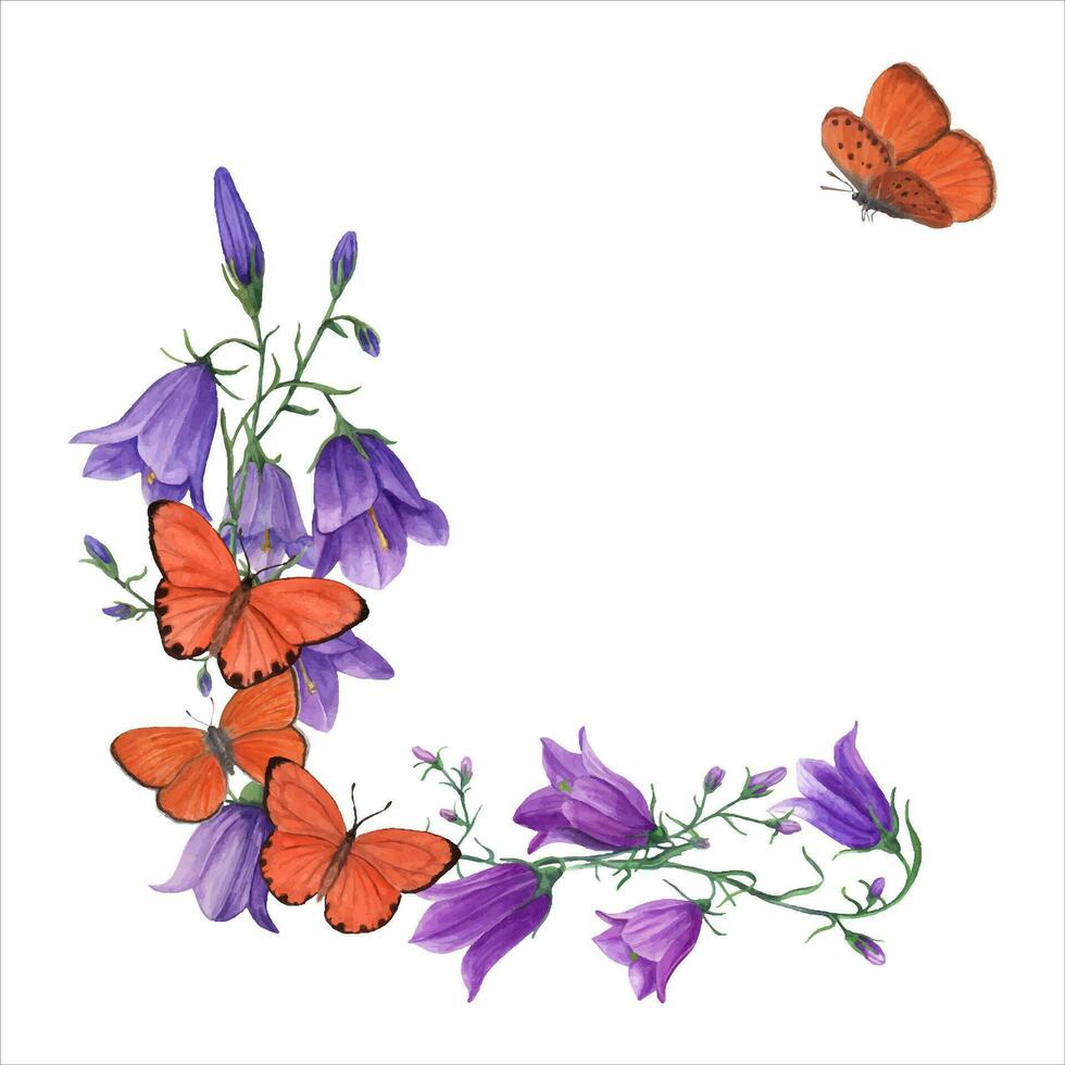 acquerello campana fiori e volante farfalle. campanula, campanule, arancia farfalle. vettore