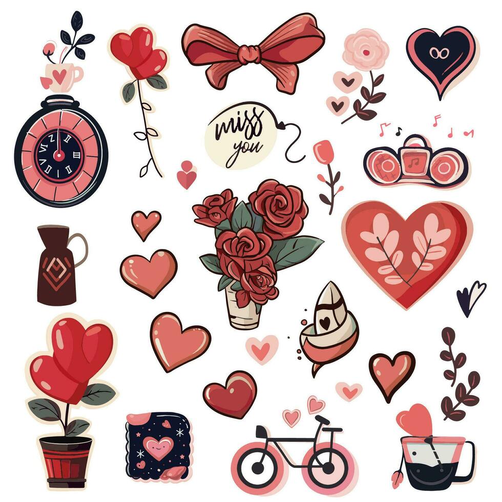 impostato di elementi per San Valentino giorno. cuore, macchina, palle, fiori, ghirlanda, dolci su un' bianca sfondo. amore adesivi impostato vettore