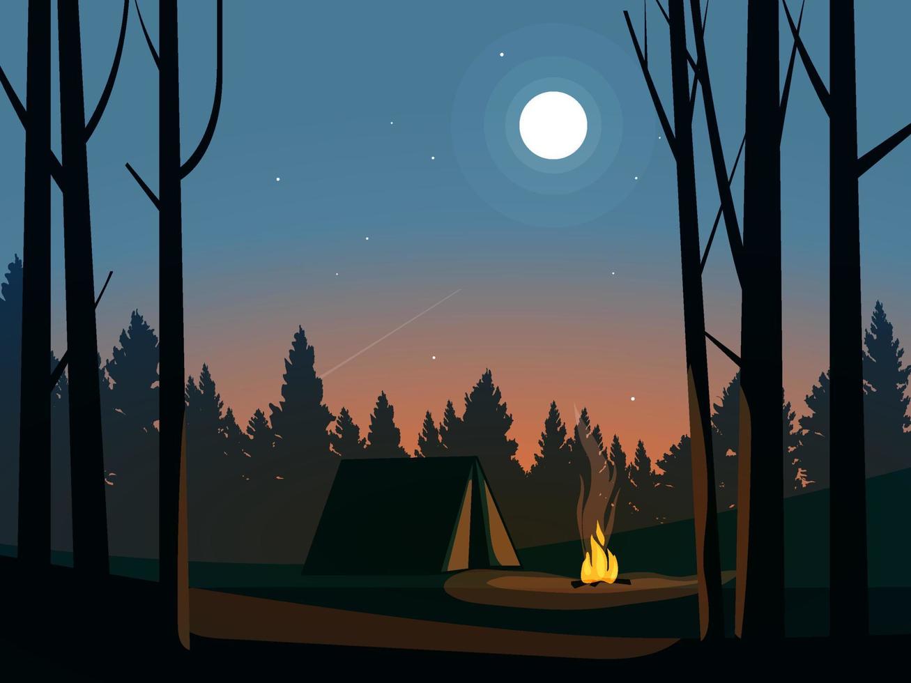 bella notte nella foresta con accampamento e fuoco vettore