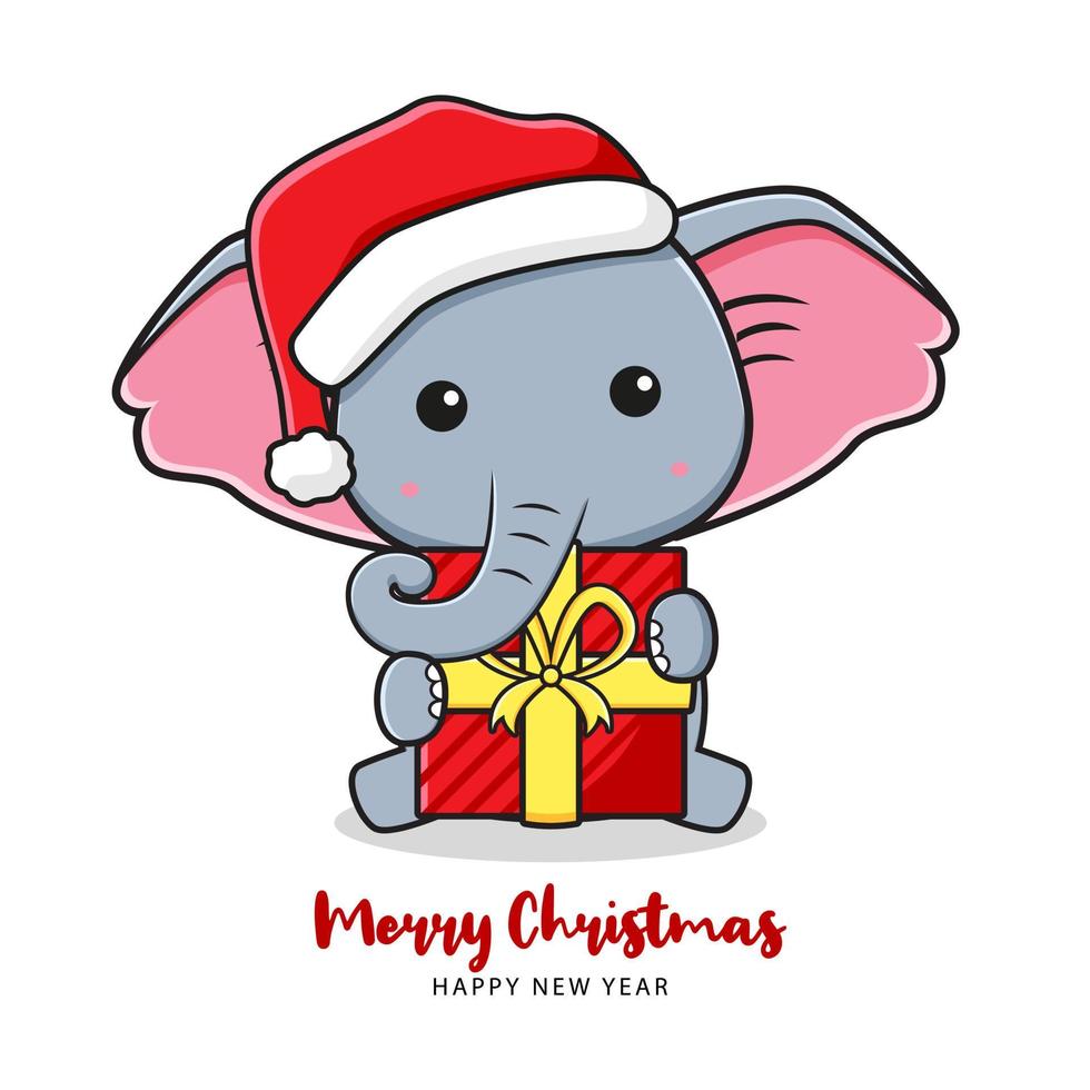 carino elefante che tiene regalo saluto buon natale e felice anno nuovo cartone animato scarabocchio carta sfondo illustrazione vettore