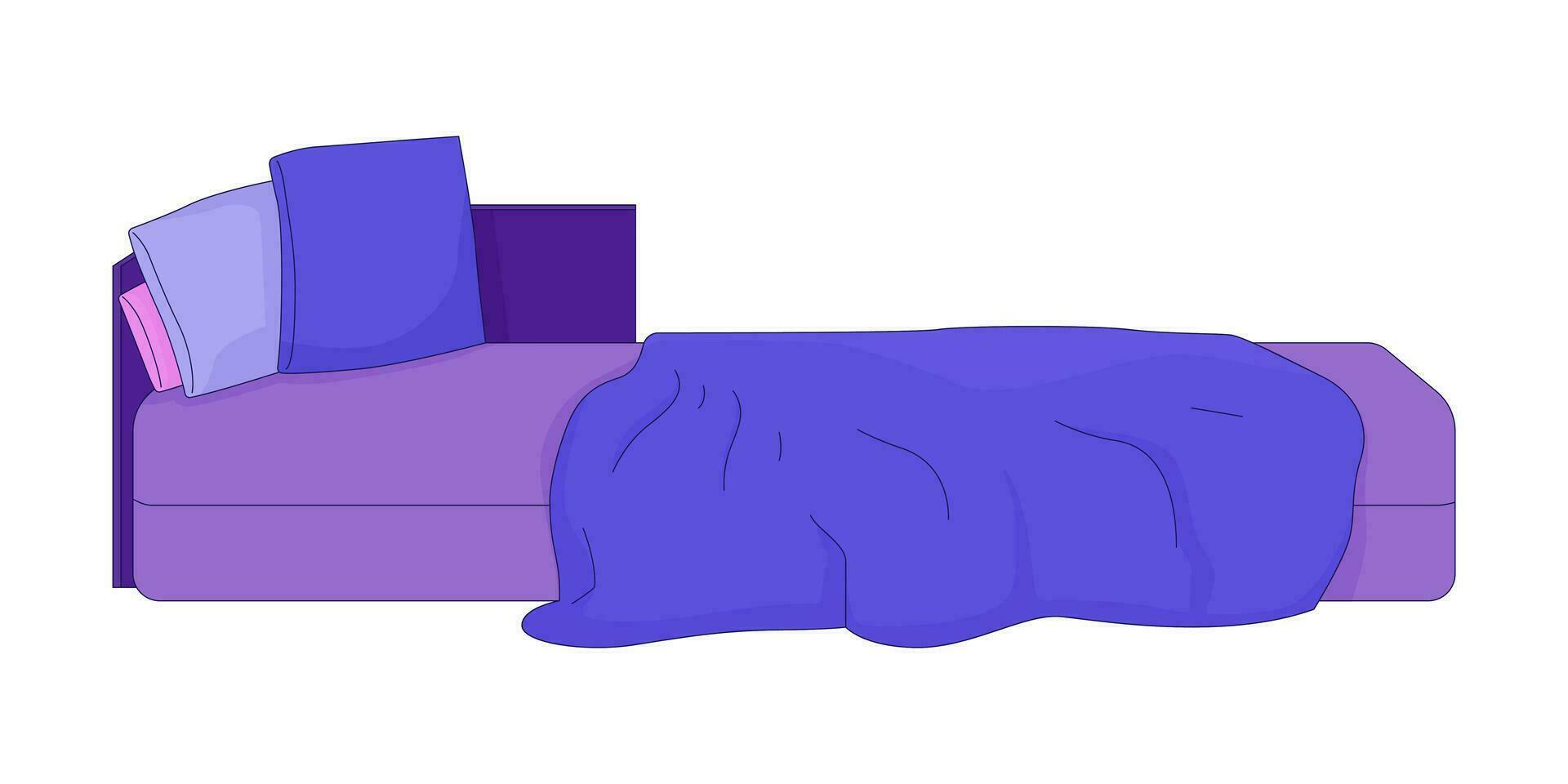 disordinato letto 2d lineare cartone animato oggetto. disfatto letto cuscini, spiegazzato rugosa coperta isolato linea vettore elemento bianca sfondo. tranquillo, calmo pomeriggio Camera da letto mobilia colore piatto individuare illustrazione