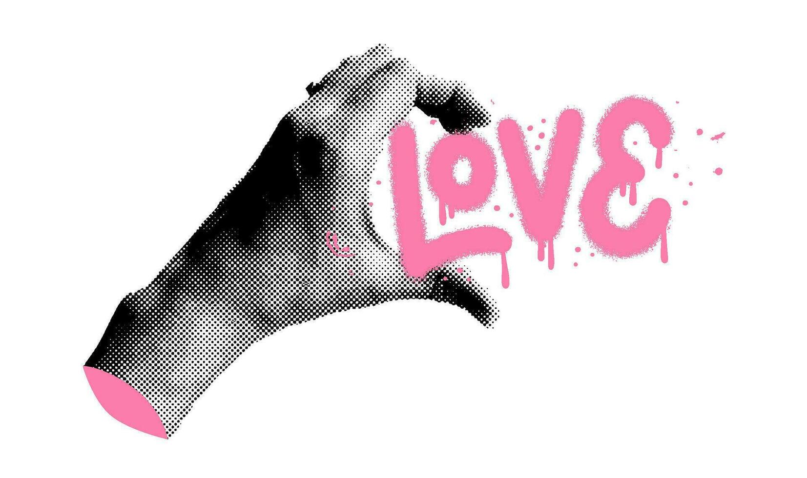 collage mano con mezzitoni effetto Tenere graffiti lettering amore. tagliare su palma detiene un' amore parola. vettore moderno illustrazione