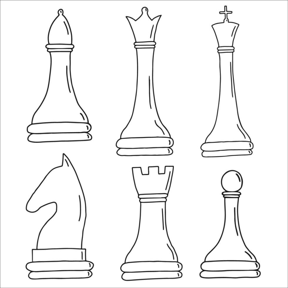 disegnato a mano schizzo impostato di scacchi pezzi su un' bianca sfondo. scacchi. dai un'occhiata compagno. re, Regina, vescovo, cavaliere, torre, pedone. vettore icone.