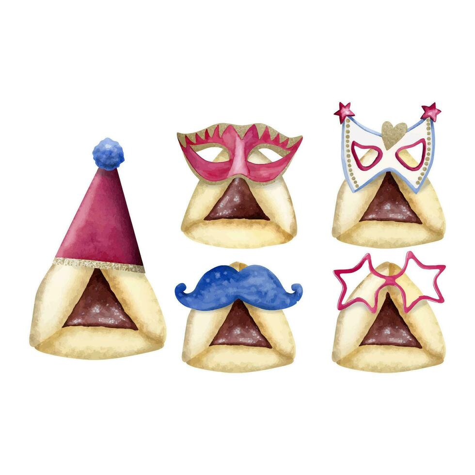 divertente Purim biscotti design per ebraico vacanza con maschere, festa cappello e tradizionale oggetti di scena acquerello vettore illustrazione