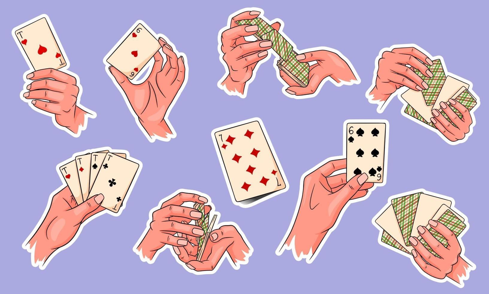 gioco d'azzardo. carte da gioco in mano. casinò, fortuna, fortuna. grande insieme. adesivi. vettore