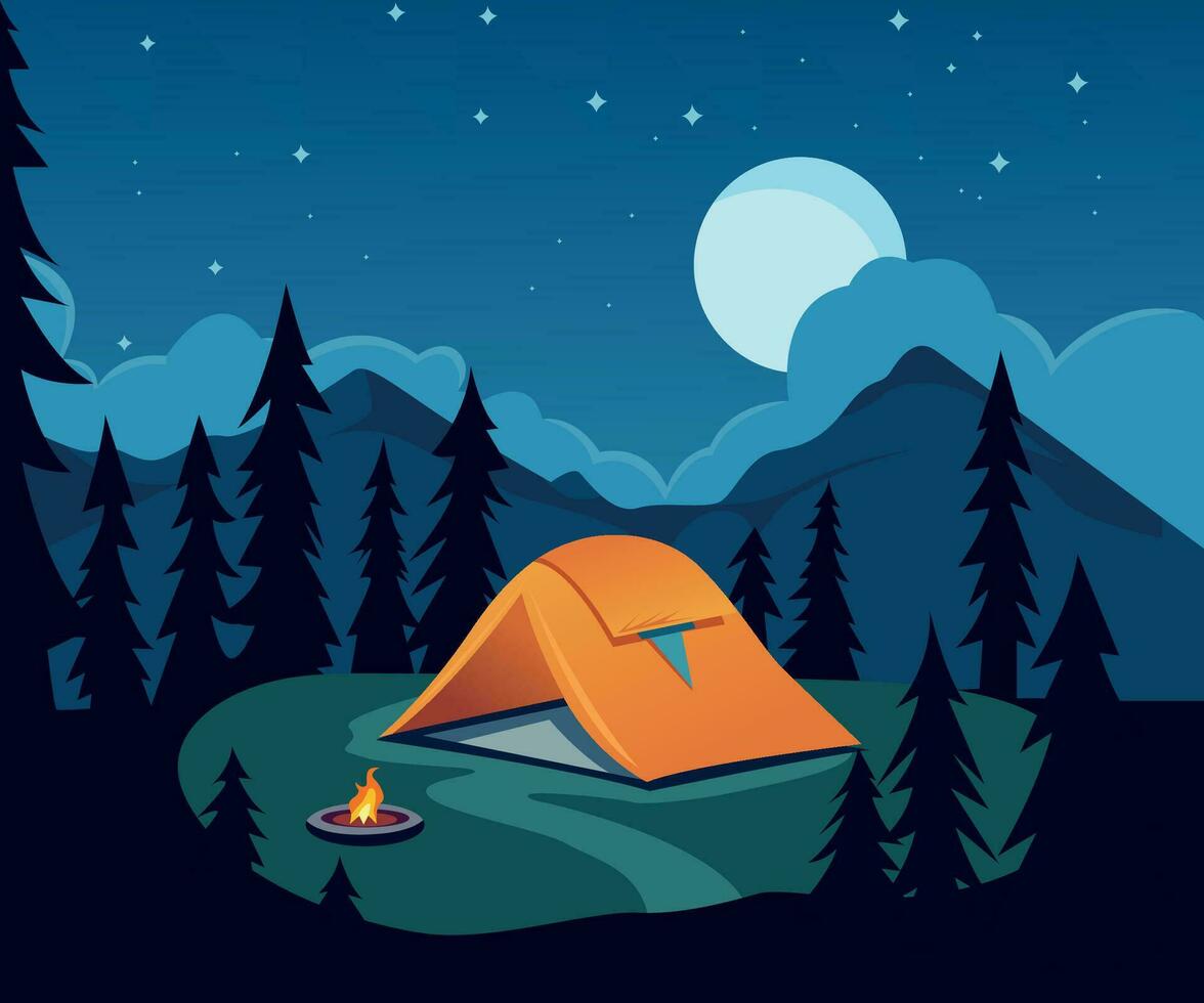 campeggio nel il notte paesaggio illustrazione vettore