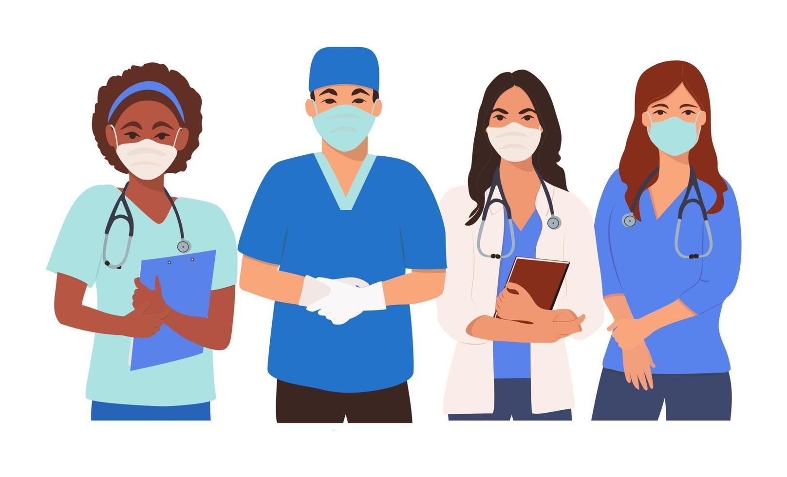 medici e infermieri professionisti in masks.vector illustrazione in stile piatto. vettore