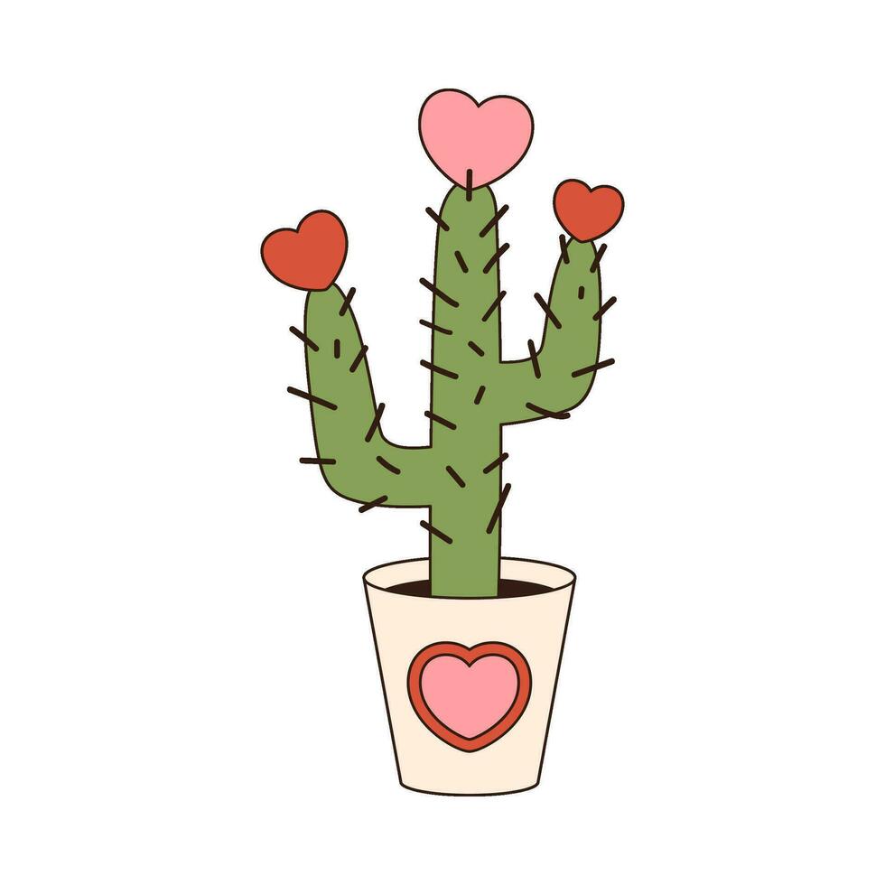 amore cactus Groovy retrò icona retrò cartone animato san valentino giorno elemento nel di moda retrò 60s 70s stile. vettore illustrazione.