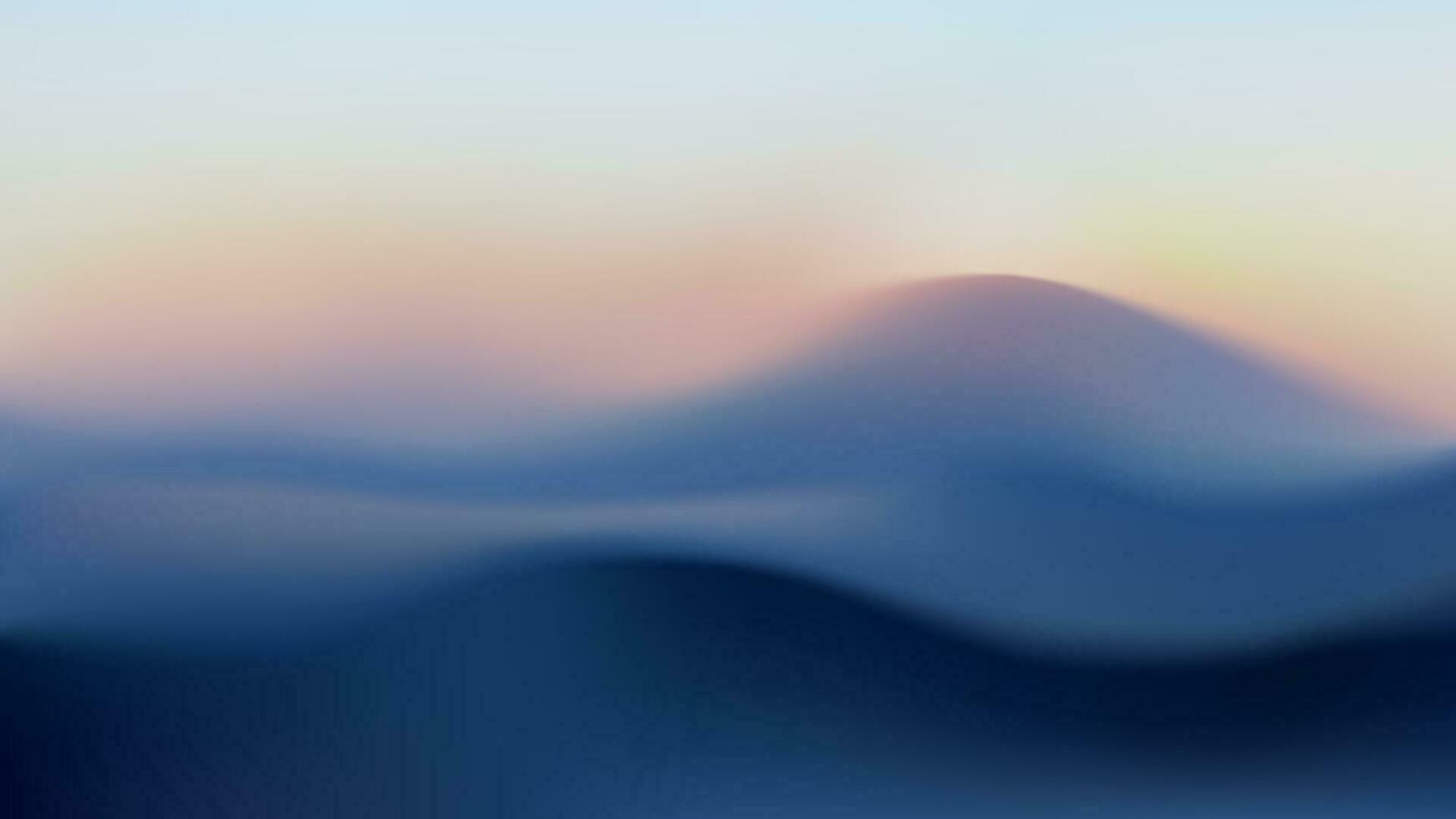 vettore pendenza montagna paesaggio con un' Alba nel nebbia. volumetrica ondulato sfondo. sfocato sagome di colline a tramonto. colorato astratto sfondo.