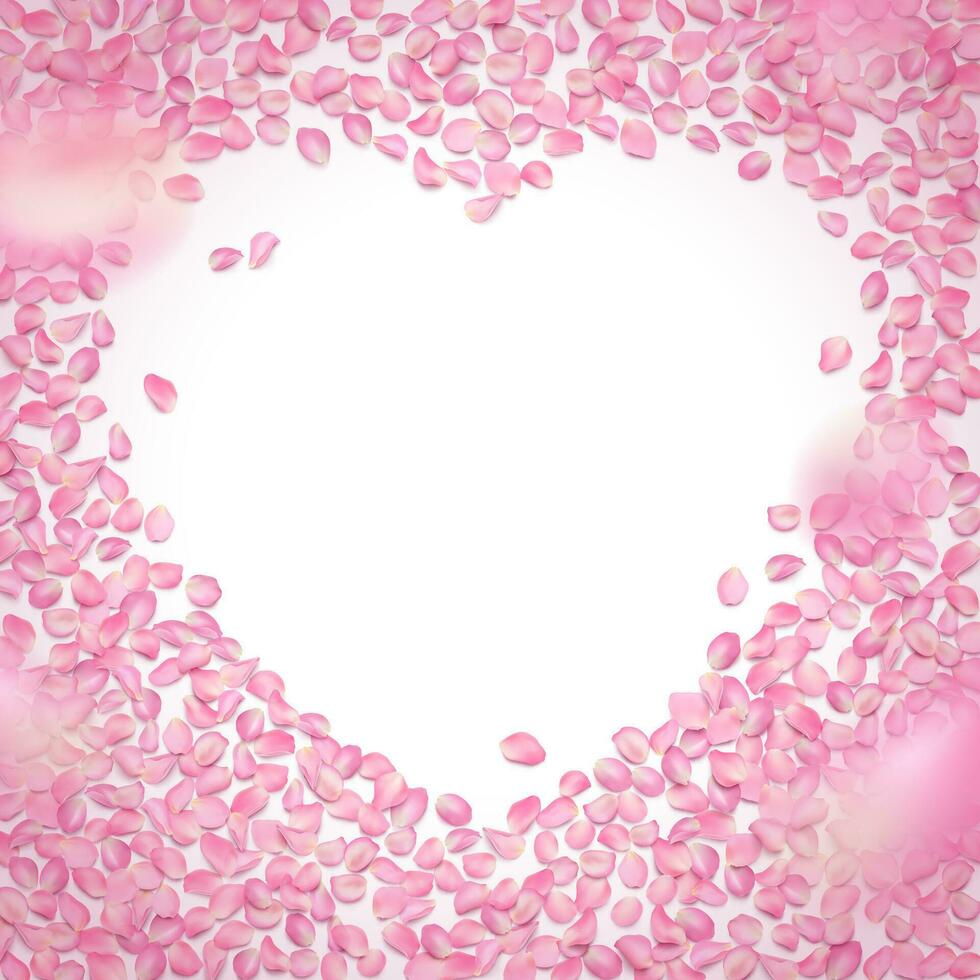 vettore telaio con rosa petali su bianca sfondo nel forma di cuore. realistico rosa sakura con copia spazio. romantico illustrazione per amore saluto carta, marzo 8, san valentino giorno con posto per testo.