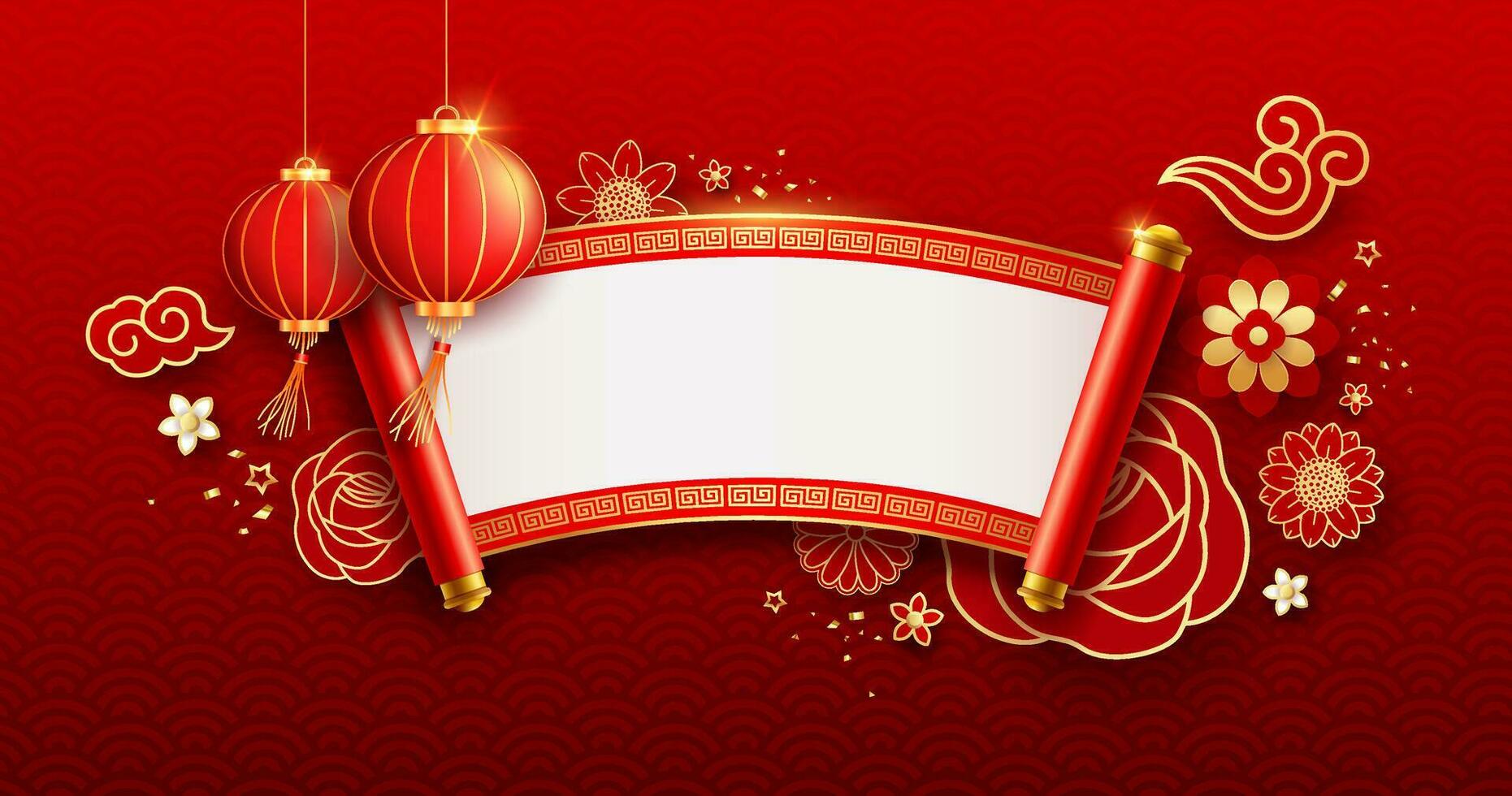 contento Cinese nuovo anno, Cinese antico scorrere nastro bandiera curva bandiera design su rosso sfondo, eps 10 vettore illustrazione