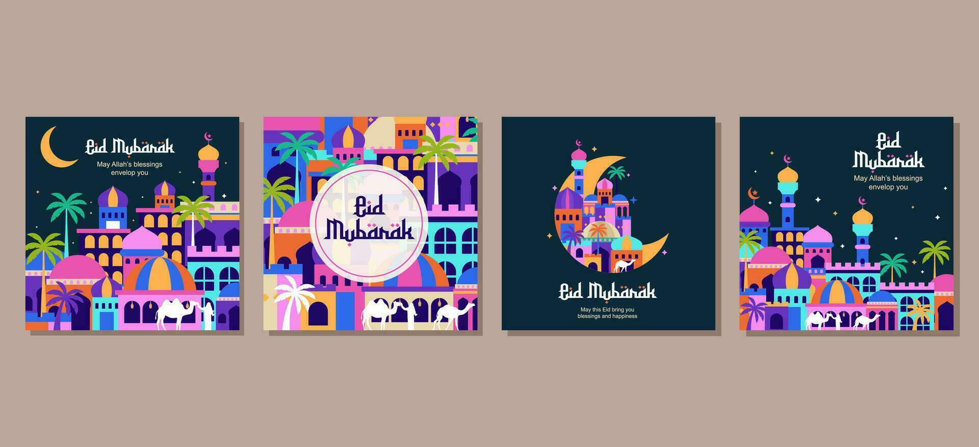 impostato di eid mubarak al Fitr islamico Arabo moschea architettura illustrazione per un' manifesto striscione, coperchio, sociale media inviare modello vettore