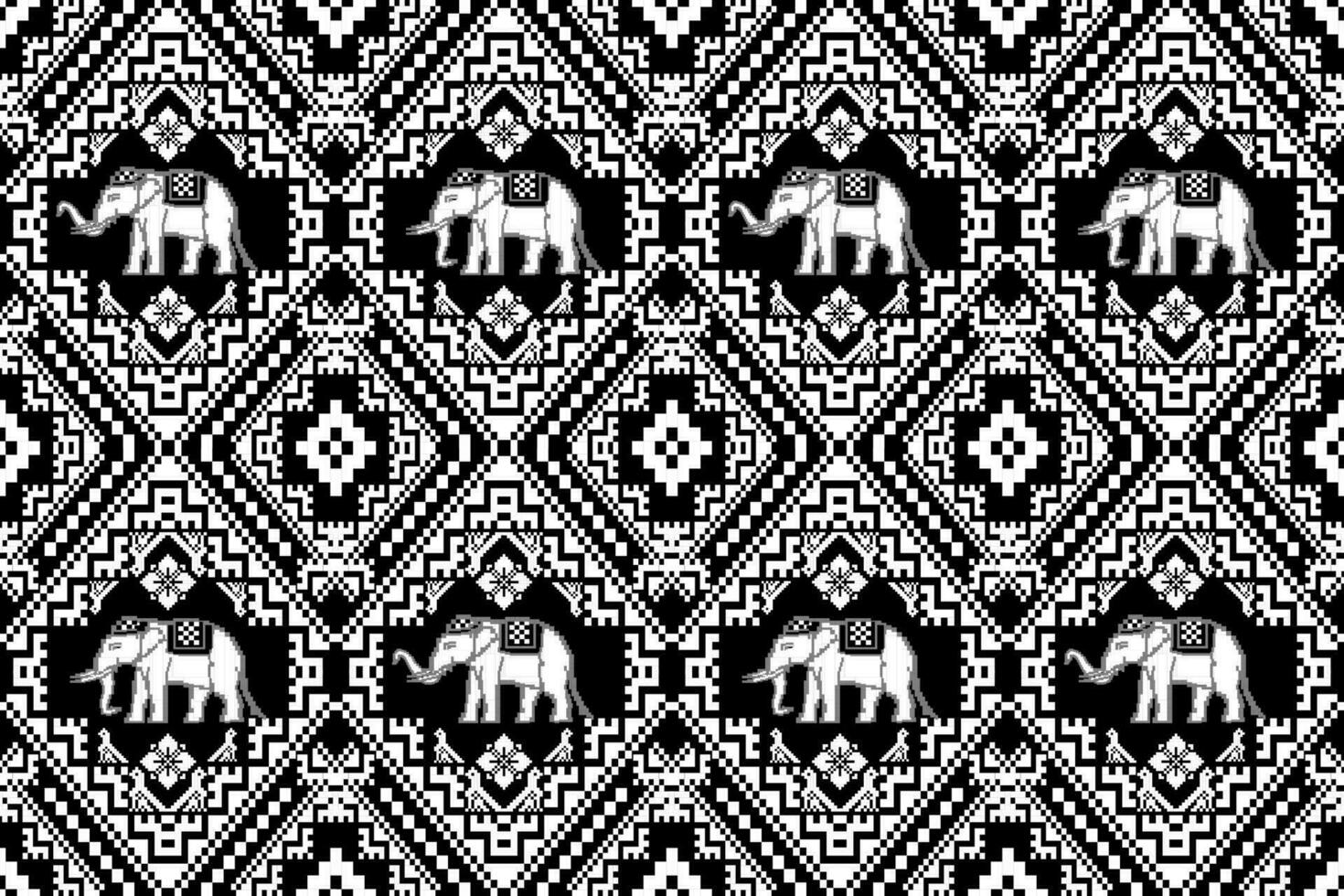 tradizionale tailandese elefante nero e bianca pixel arte senza soluzione di continuità modello. vettore design per tessuto, tappeto, vestiario, ricamo, sfondo, e sfondo